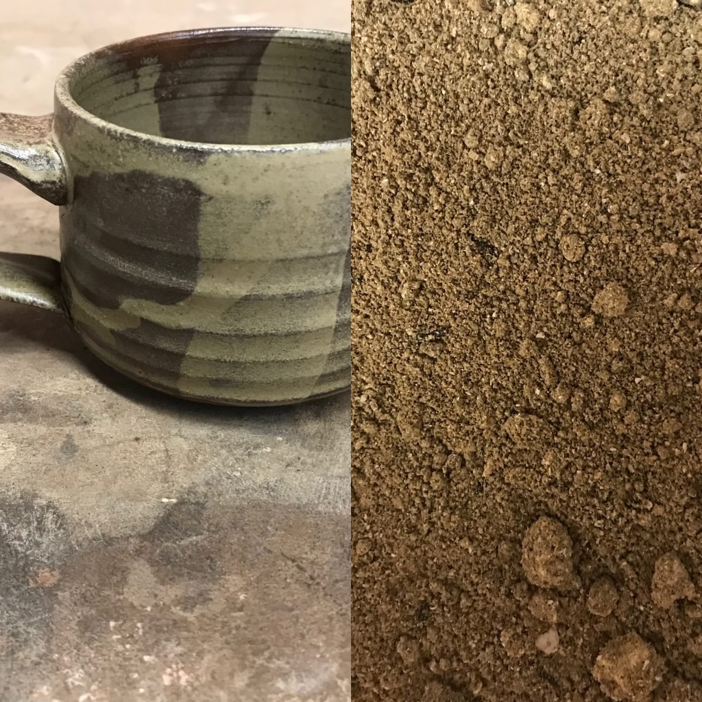 Wood ash glazed mug compared to raw ash